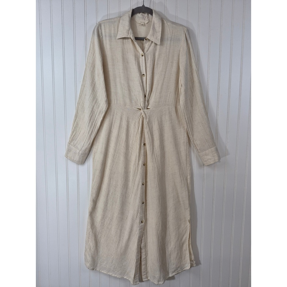 Sim & Sam Cream Linen Blend Twist Front Button Down Maxi Shirt Dress Womens M